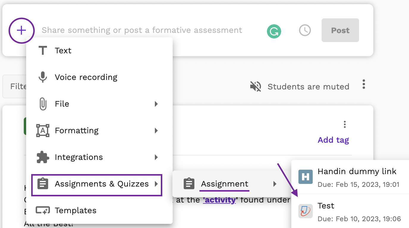 Screenshot showing an example of two assignments in the menu