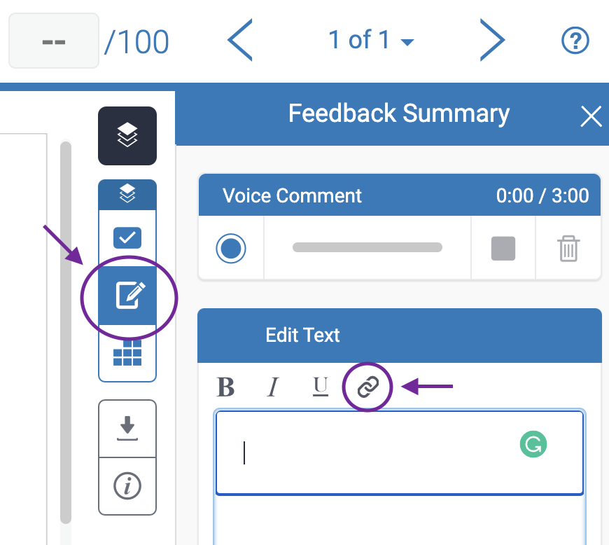 Screenshot highlighting the hyperlink icon in the feedback editor