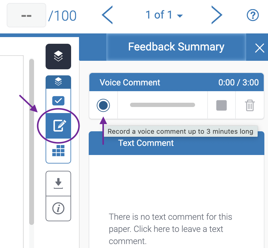 Screenshot highlighting the Record button in the Voice Comment box