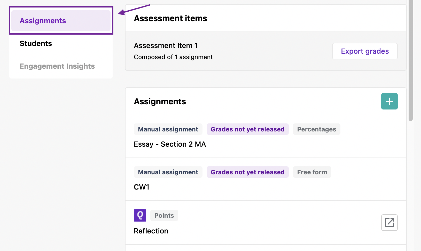 Screenshot highlighting Assignments in the ledt sidebar