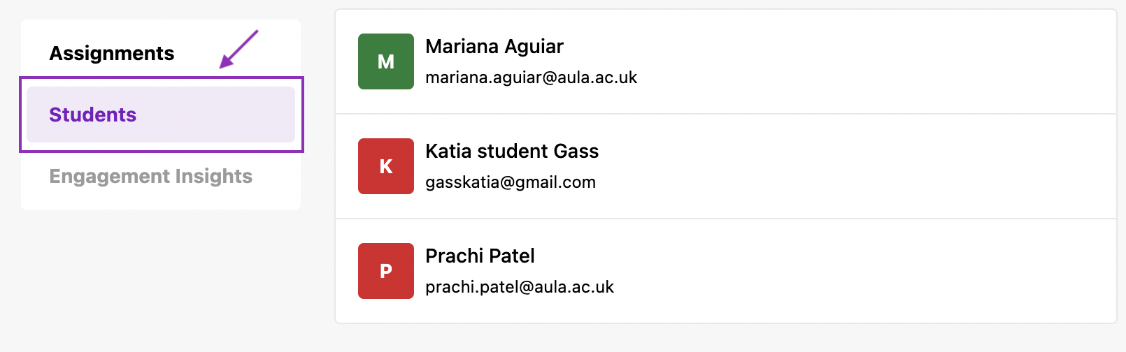 Screenshot highlighting Students in the left sidebar