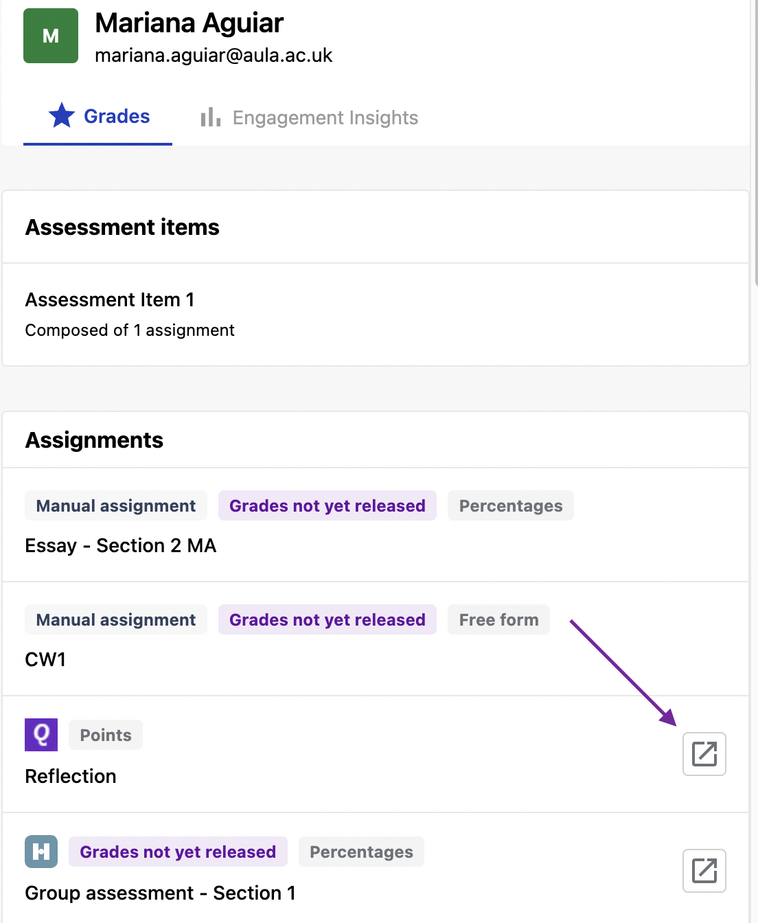 Screenshot highlighting the arrow button that takes to the student submission