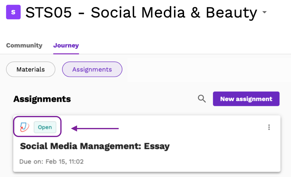 Screenshot highlighting the Open label in a Turnitin assignment