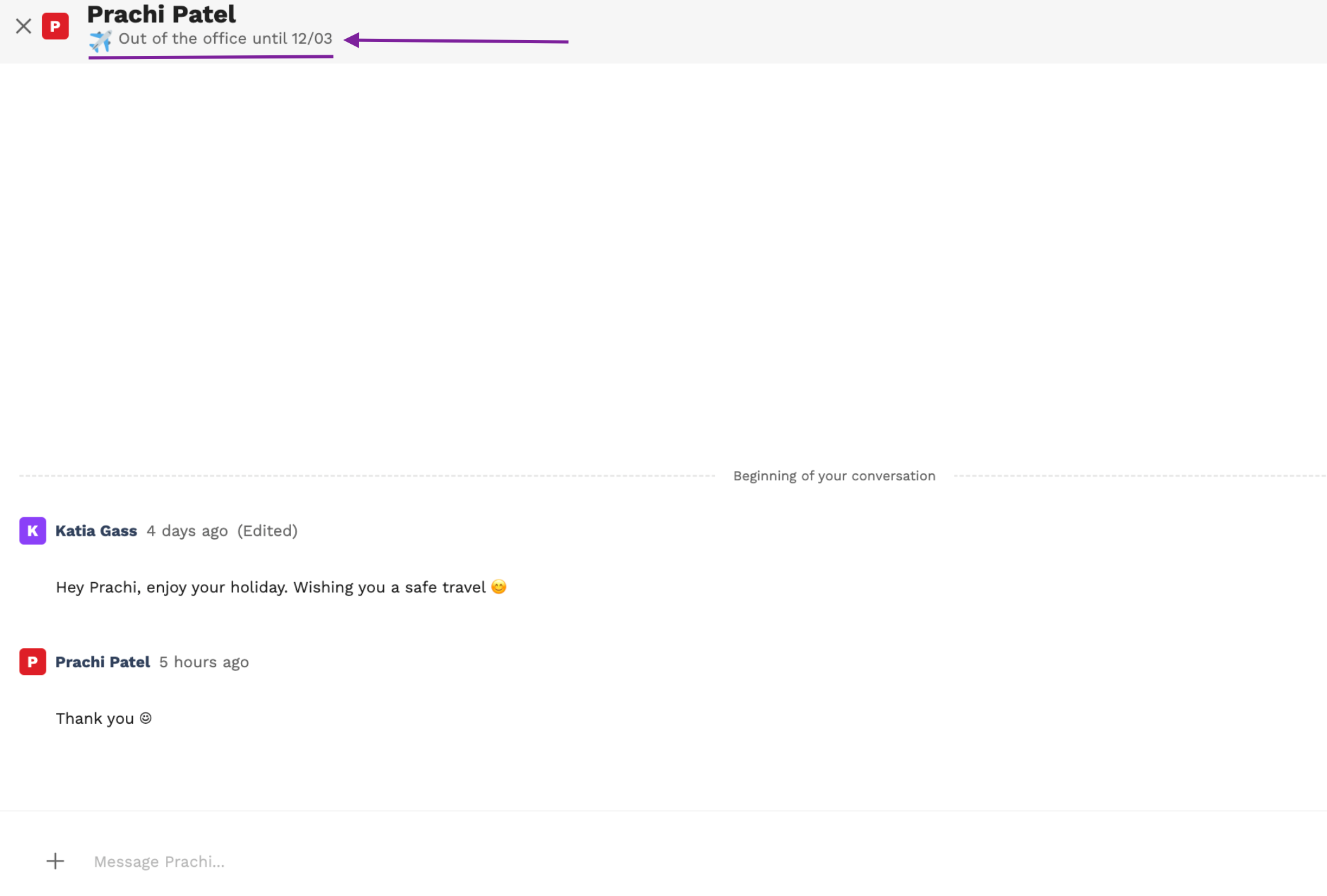 Screenshot of an out of the office label in the Messages