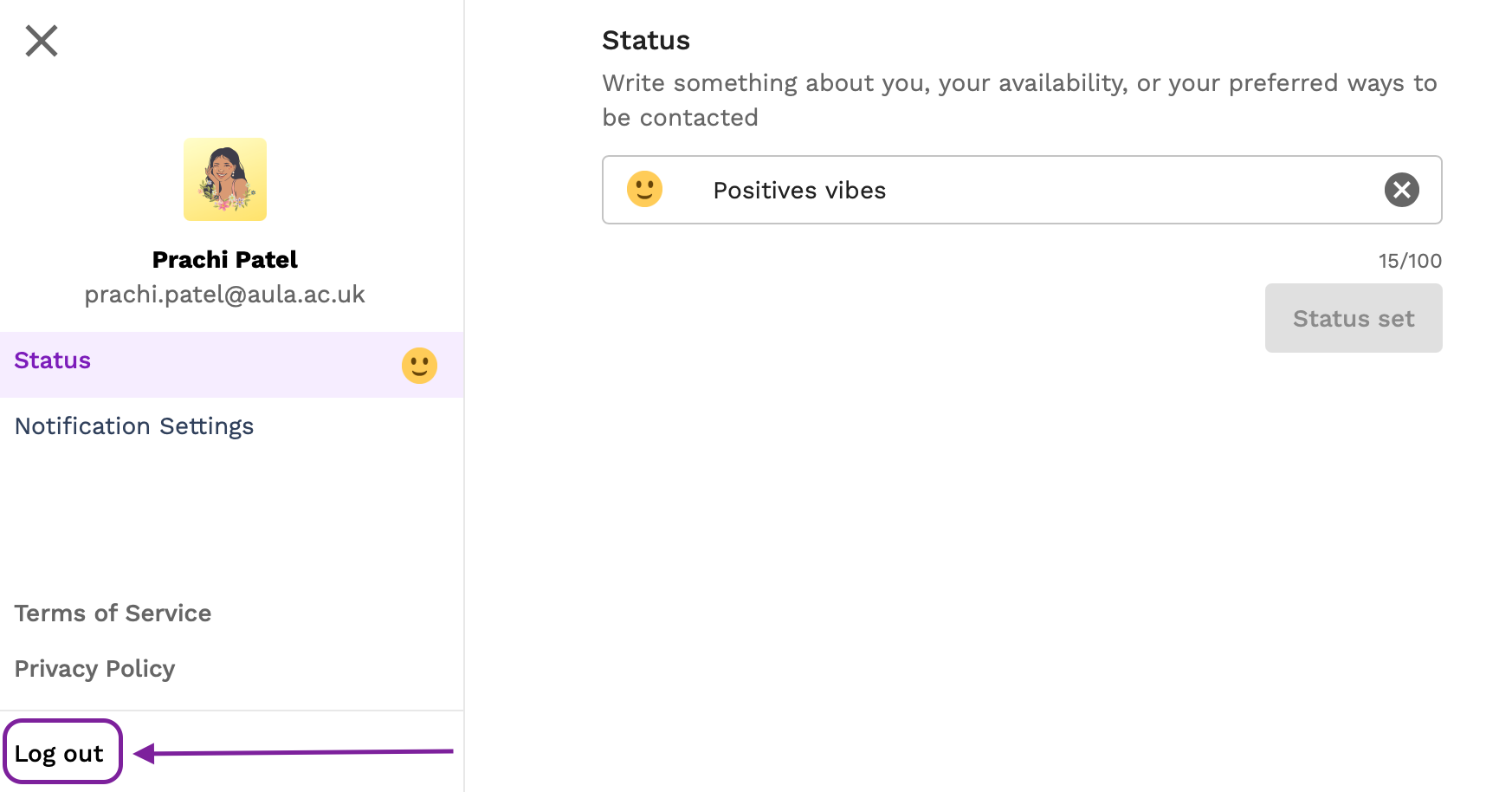 Screenshot highlighting the log out button in the profile