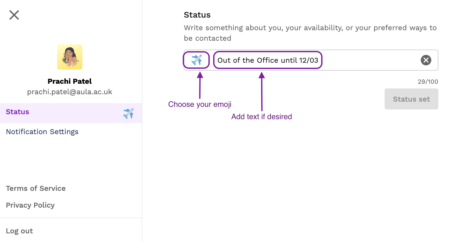Screenshot of an out of the office message, with an emoji, in the profile