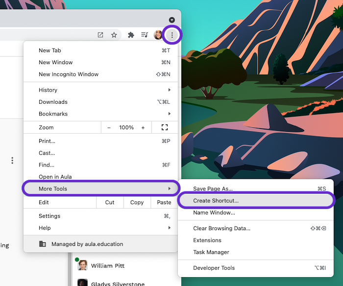 Screenshot highlighting the Create Shortcut option in the menu