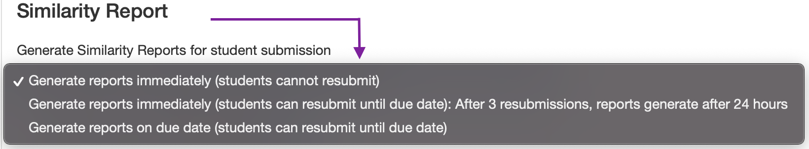 Screenshot with all the options under Similarity Report