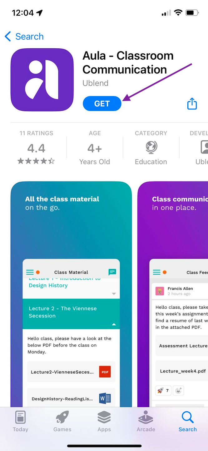 Screenshot of the Aula app in the Apple Store