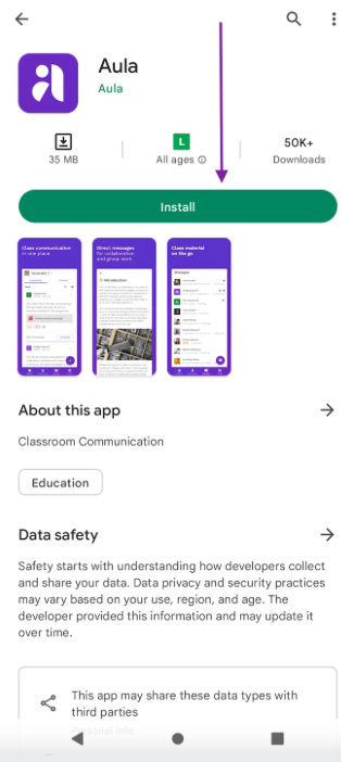 Screenshot of the Aula app in the Google Play Store