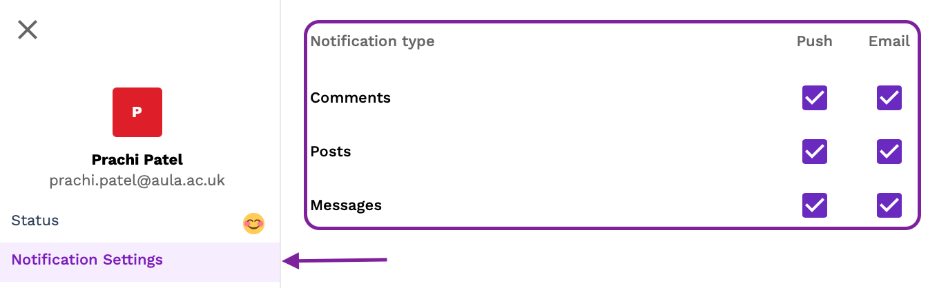 Screenshot showing the Notifications settings panel