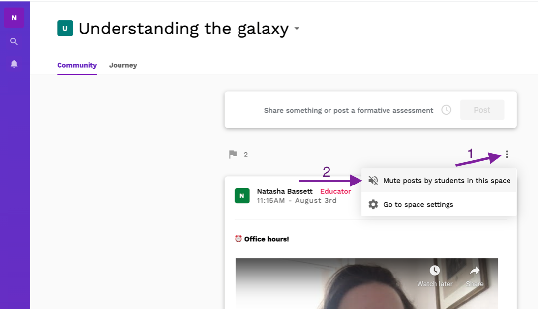 Screenshot highlighting the button Mute posts by students in this space