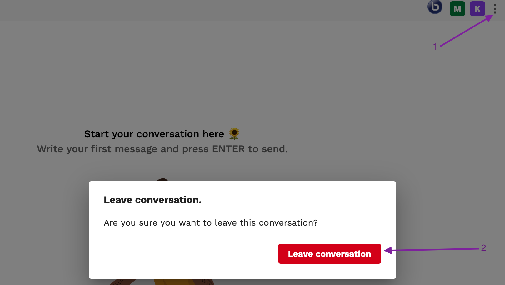Screenshot highlighting the button that confirms if you want to leave the conversation