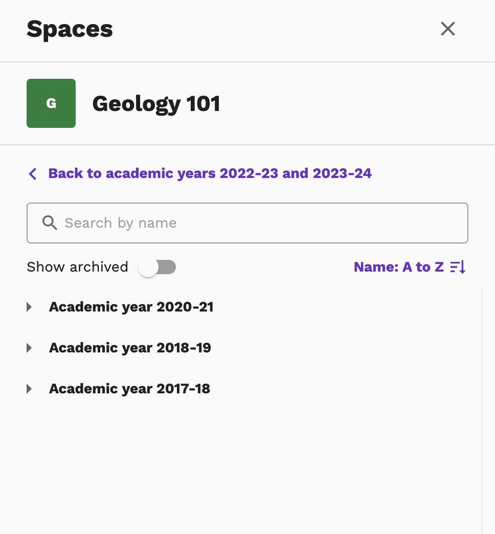 Screenshot of 3 different Academic years in a space selector