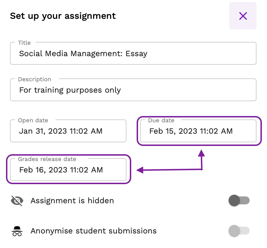 Screenshot highlighting the due date and the grades release date