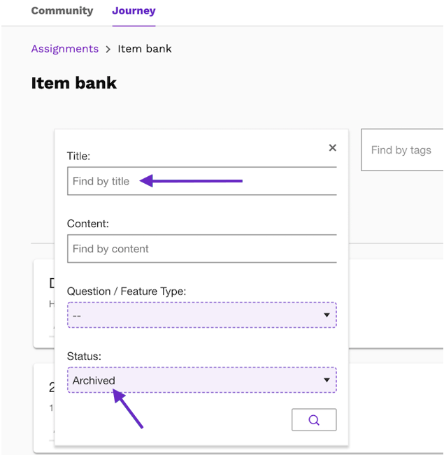 Screenshot highlighting the title and the status fields in an Item Bank