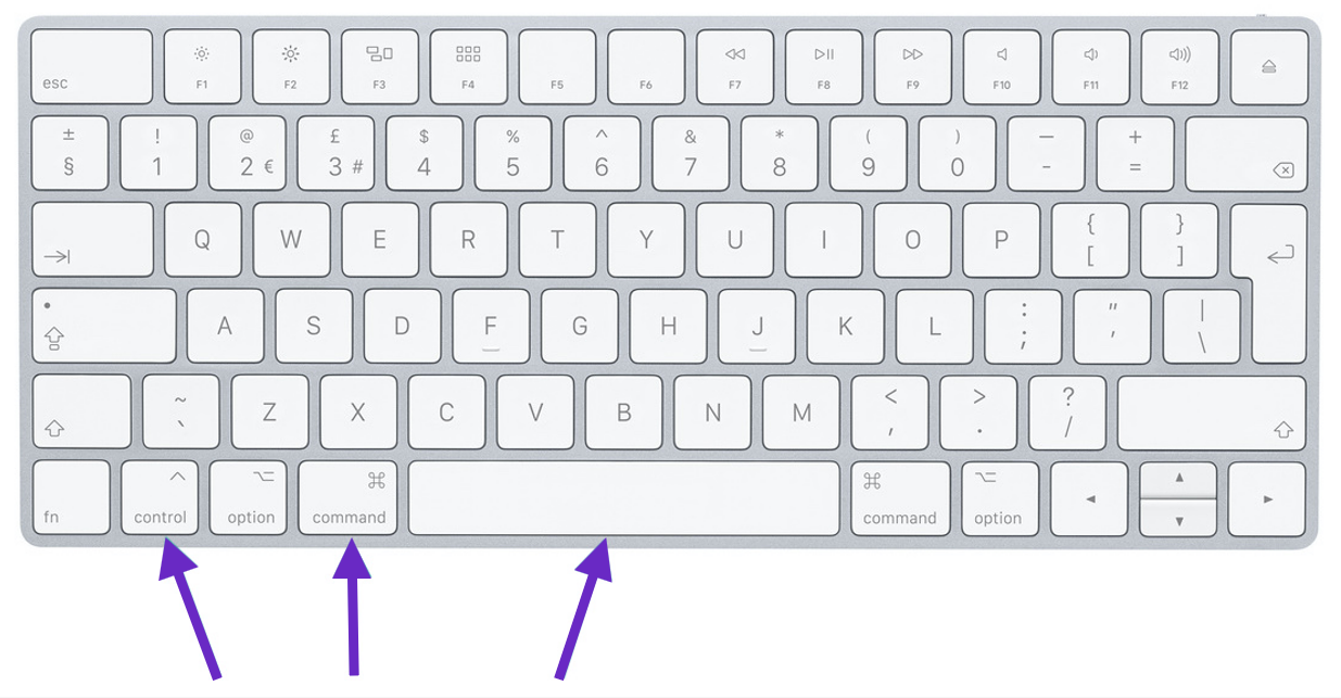 Picture of a Mac keyboard with the Control, Command and Space keys highlighted