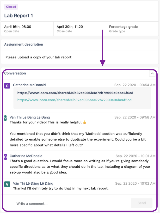 Screenshot of a sample conversation between student and tutor in a Handin submission