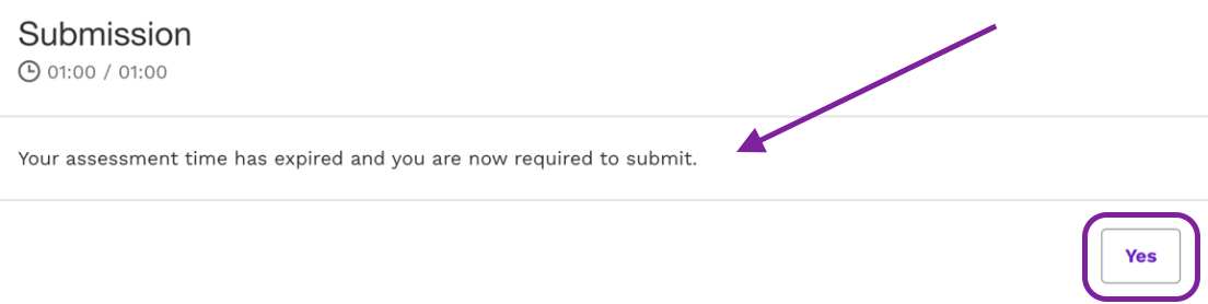 Screenshot of system message saying, Your assessment time has expired and you are now required to submit