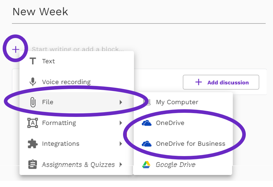 Screenshot highlighting the One Drive and One Drive for Business options in the menu