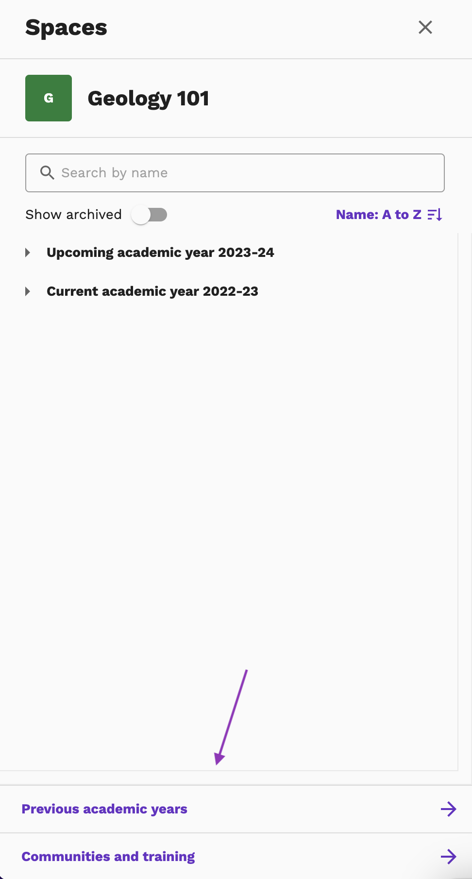 Screenshot of a list of space categories within the selector