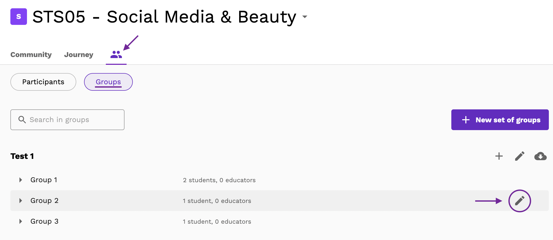 Screenshot highlighting the Groups button under the People tab