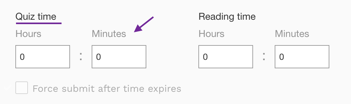 Screenshot highlighting the quiz time with the hours and minutes fields