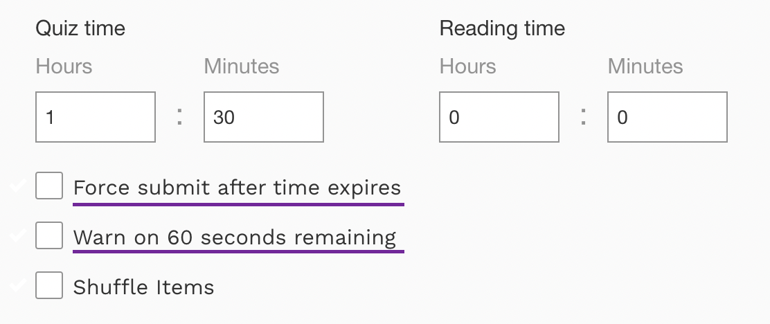Screenshot highlighting two checkboxes: Force Submit After Time Expires, and Warn on 60 Seconds Remaining