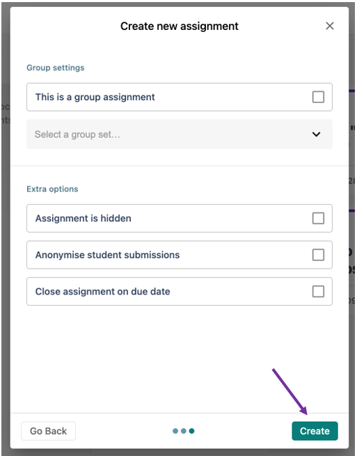 Screenshot highlighting the Create button in the Create New Assignment window