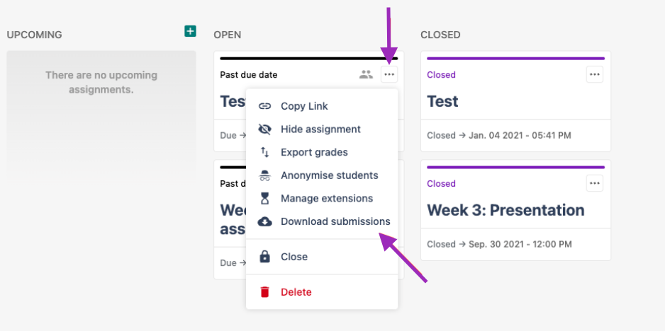 Screenshot with arrows pointing to the three dots and to the Download Submissions button in Handin