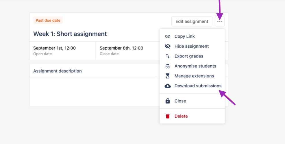 Screenshot with arrows pointing to the three dots and to the Download submissions button in an individual Handin submission