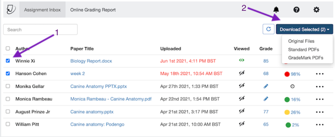Screenshot highlighting selected submissions and the Download Selected button
