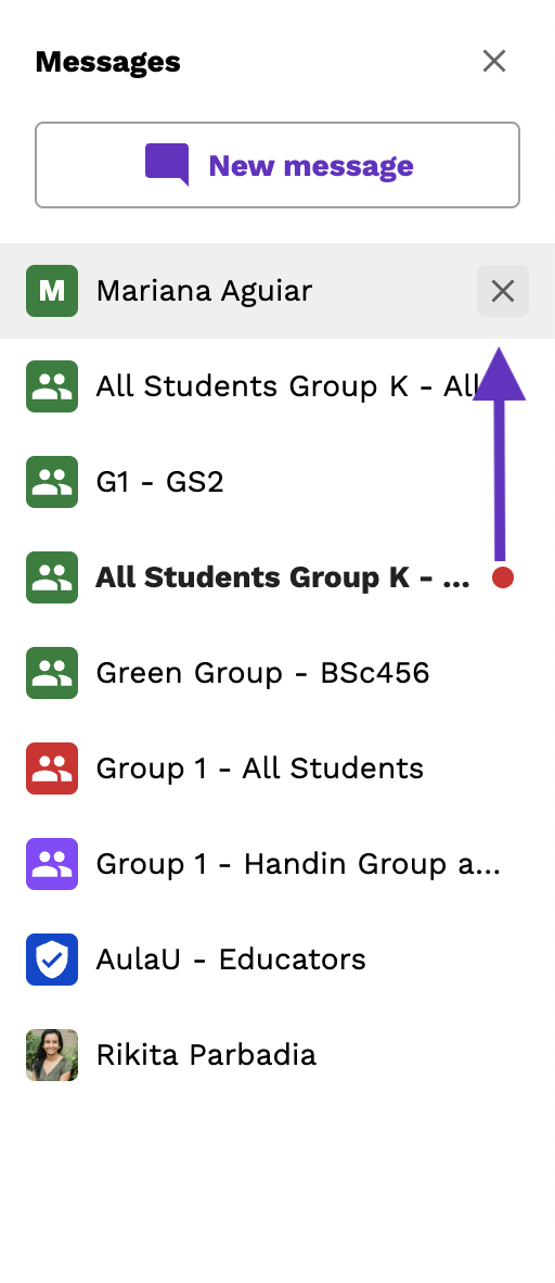 Screenshot highlighting the X button used to hide one individual message