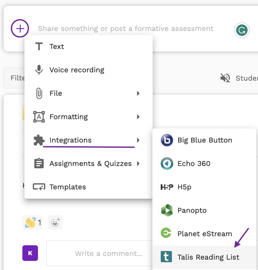 Screenshot highlighting the Talis Reading List icon in the menu