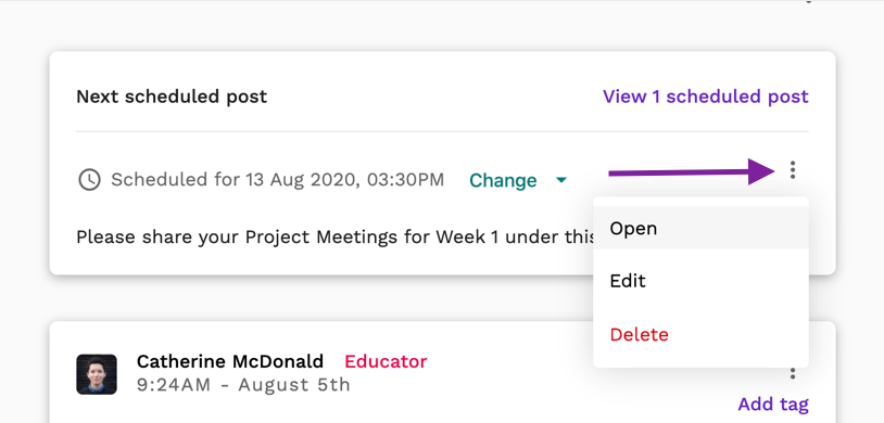 Screenshot highlighting the three-dots icon on a scheduled post