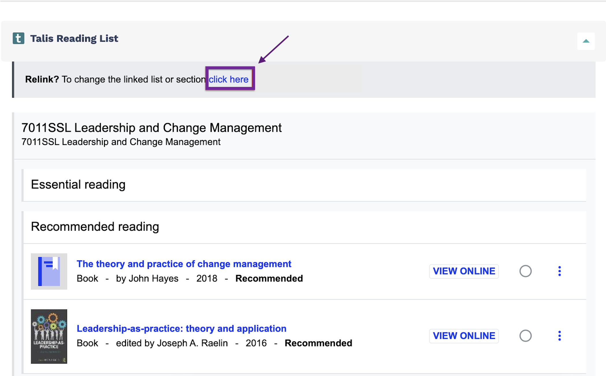 Screenshot highlighting the Click-here button used to relink