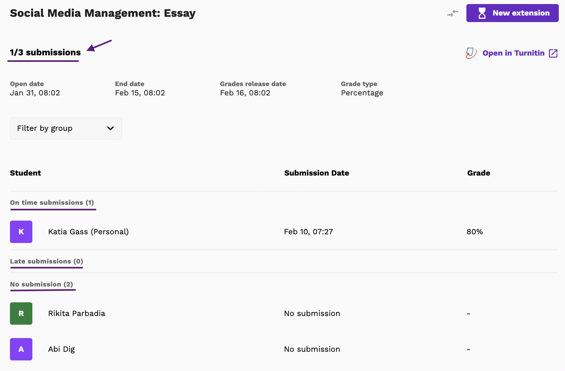Screenshot of an example of a Turnitin submissions list