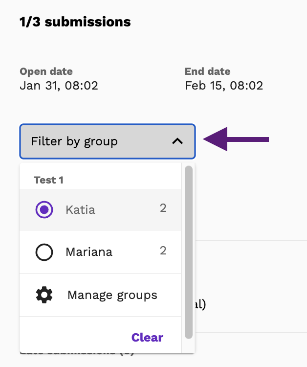 Screenshot showing the filter-by-group dropdown menu