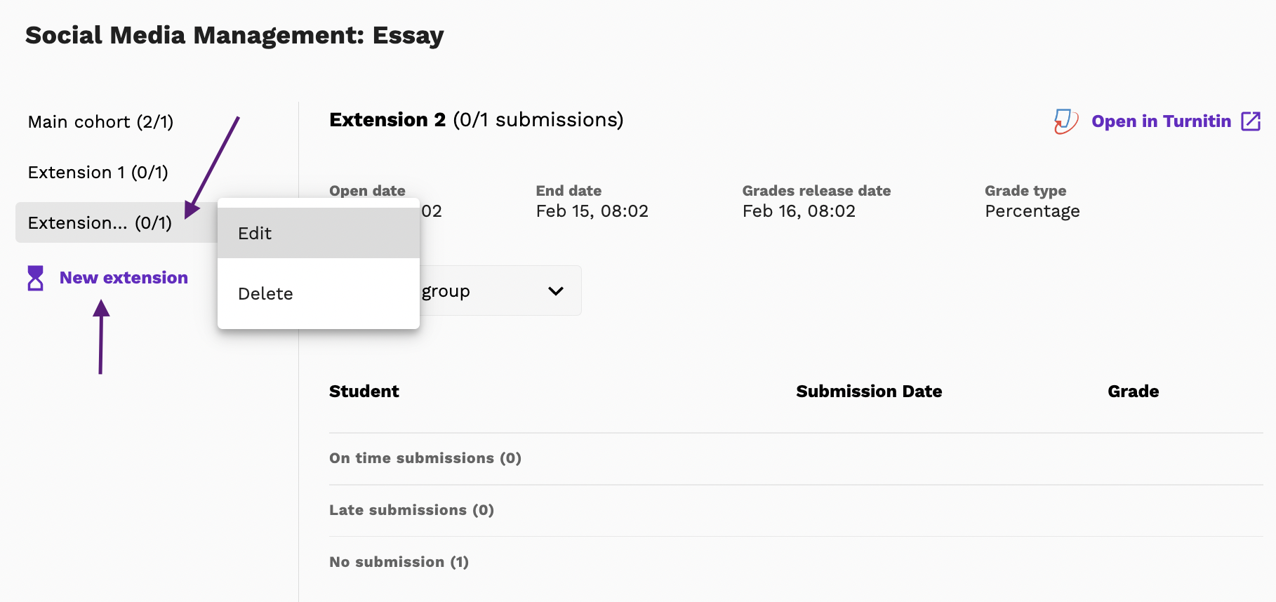 Screenshot of extensions nested under their parent assignment
