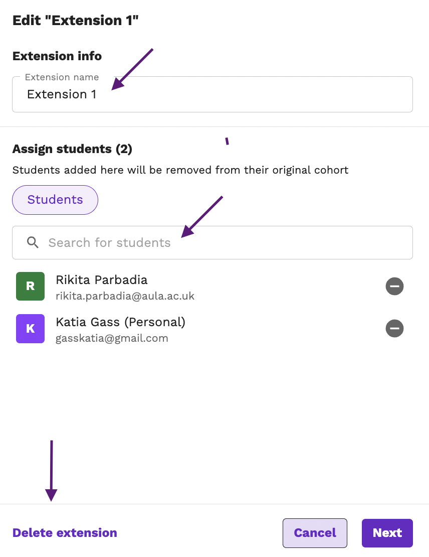 Screenshot highlighting the title field, the search-for-students box, and the delete extension button