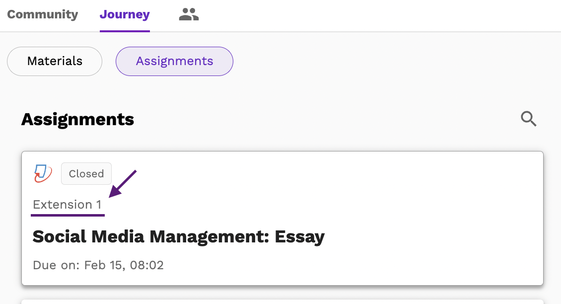 Screenshot showing how a student views the Extension label on an assignment