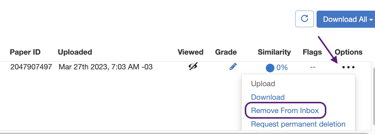Screenshot highlighting the Remove from Inbox button in Turnitin