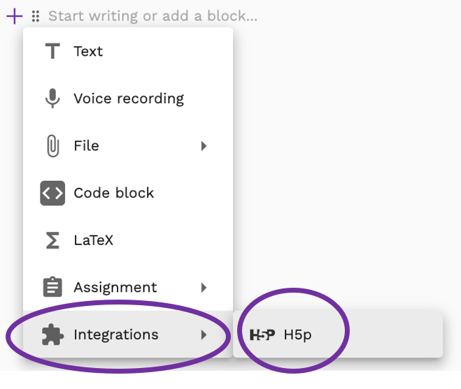 Screenshot showing H5P in the menu