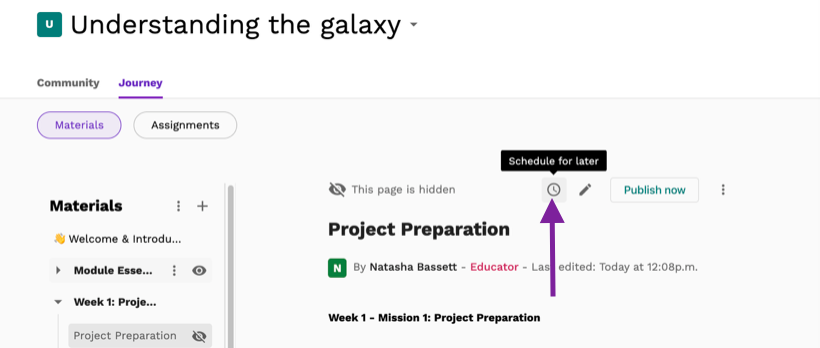 Screenshot highlighting the clock icon used to schedule content