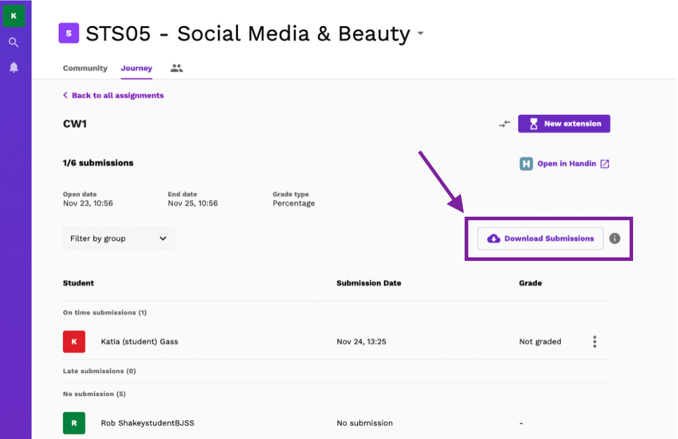 Screenshot highlighting the Download submissions button