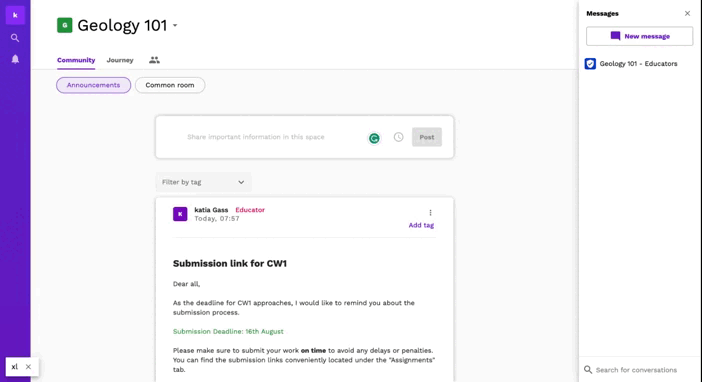 gif showing how to post a message in the Common Room in Community