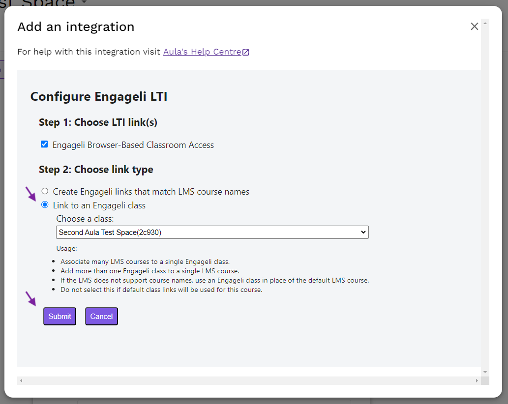 screenshot highlighting the link-to-an-Engageli-class option