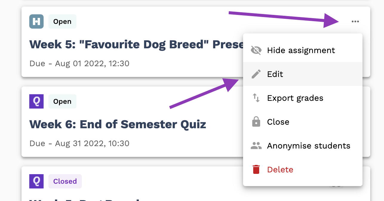 Screenshot highlighting the Edit button in a Handin link