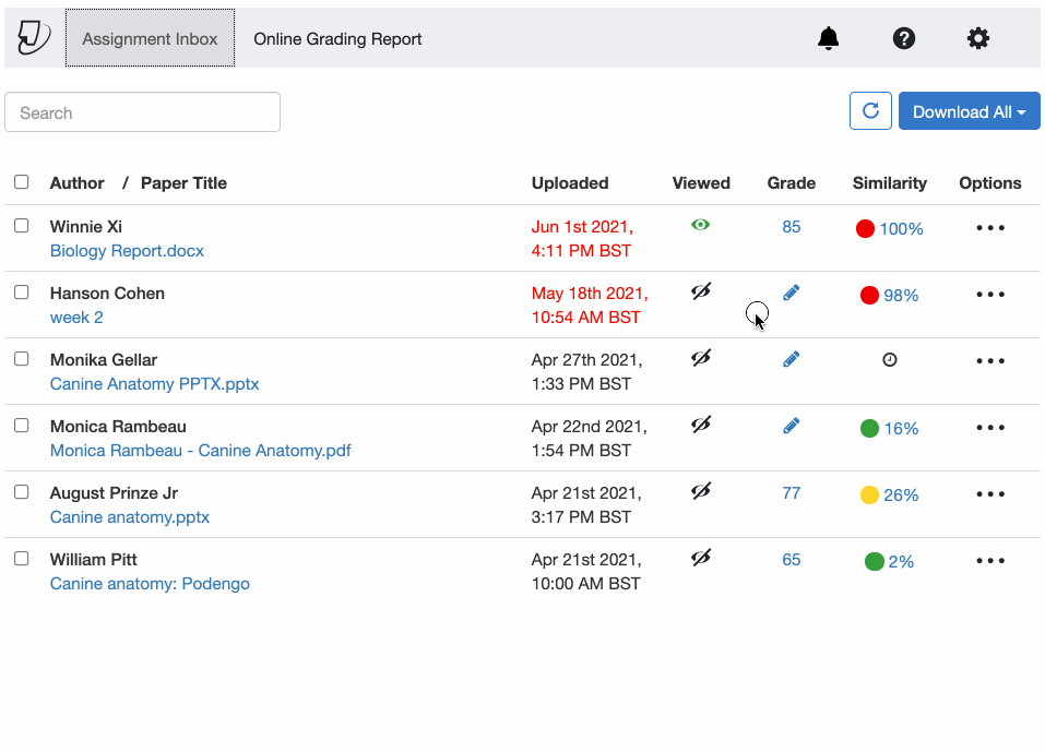 GIF showing a rubric used to grade a Turnitin assignment