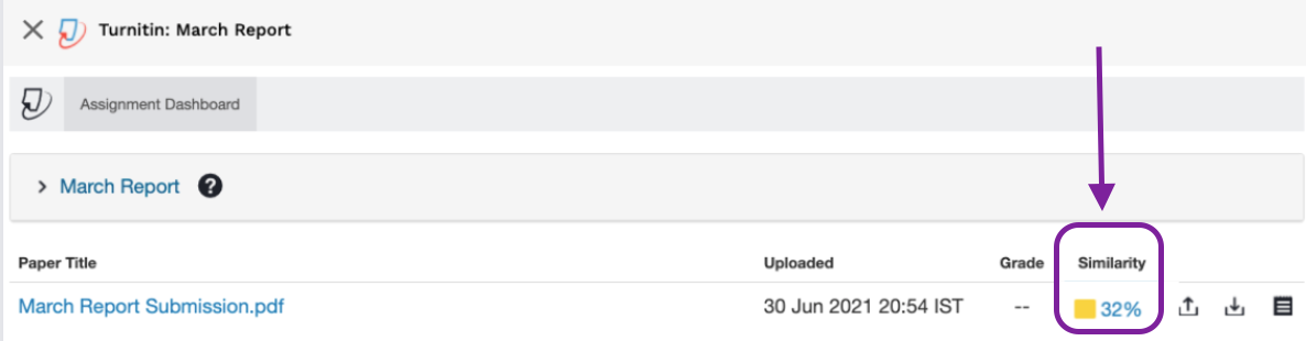 Screenshot highlighting the Similarity column in Turnitin's inbox